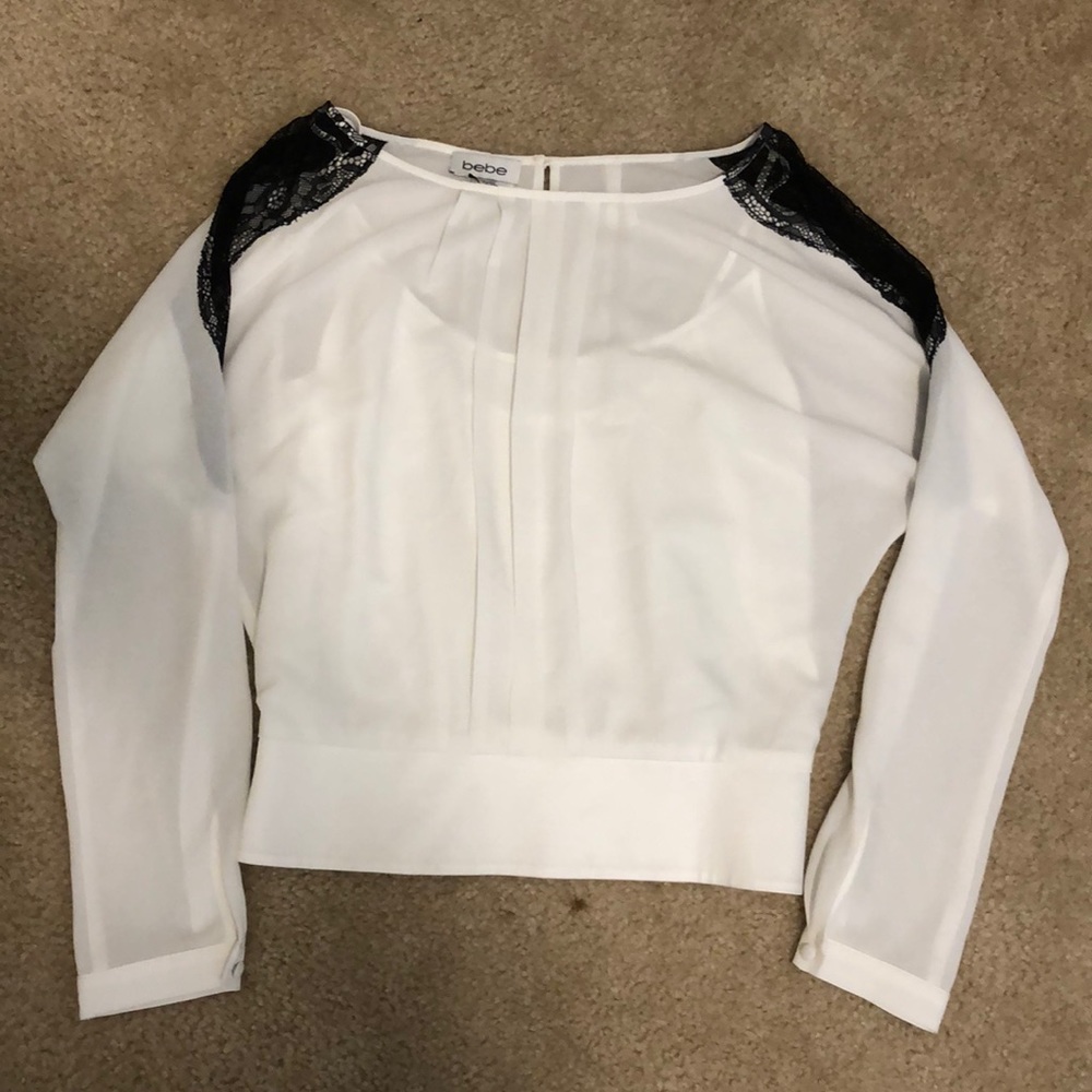 White silk blouse with black lace shoulder details. Size small